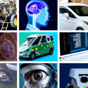 A collage of machine learning applications, including a self-driving car, a voice assistant, and a medical robot performing surgery.