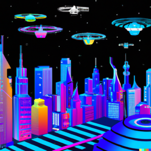 A futuristic city skyline with AI-powered technologies like autonomous vehicles and drones.