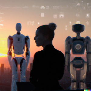 A sunrise over a futuristic cityscape with drones, robots, and other AI-powered technologies working harmoniously with humans.