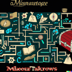 A treasure map with various machine learning resources marked as treasure spots, leading to a chest symbolizing ML Knowledge.