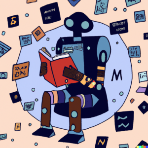 A whimsical illustration of a robot reading a book about machine learning, surrounded by floating equations and data points.