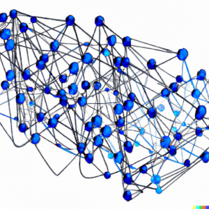 An abstract representation of a neural network with nodes and connections, forming a complex pattern.