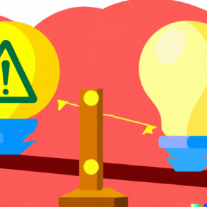 A balance scale with one side holding a glowing light bulb (symbolizing opportunities) and the other a caution sign (symbolizing risks)