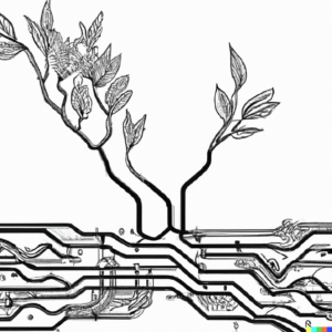 A detailed, line-art image of intertwined roots growing into a circuit board.