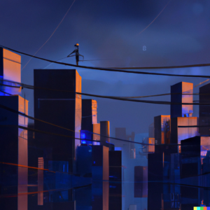 A futuristic cityscape balanced on a tightrope, symbolizing the delicate balance between AI and privacy in the future