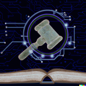 A futuristic, digital art image of a gavel and a book (symbolizing legislation) intertwined with circuits and AI symbols.