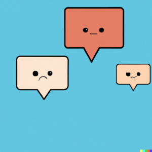 A minimalist, flat-design image of a speech bubble with a happy face, neutral face, and sad face, representing different sentiments.