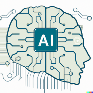 A modern illustration of a human brain connected to a computer processor, symbolizing the interaction between language and AI.