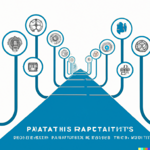 A modern, minimalist image of a pathway paved with icons representing different mitigation strategies, such as diverse data and auditing tools, leading to an equitable future.