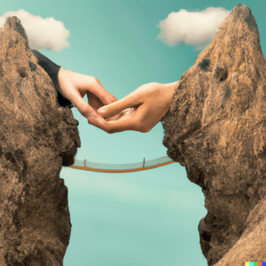 A pair of hands holding a bridge connecting two cliffs, one representing AI ambitions and the other privacy protections
