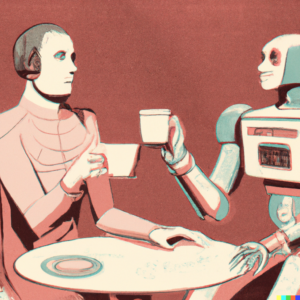 A retro-futuristic illustration of a robot and a human engaged in a friendly conversation over a cup of coffee