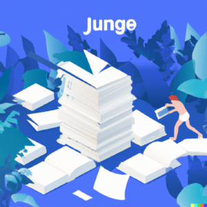 A stylized, isometric illustration of a person using a machete to clear a path through a dense jungle of text, books, and documents.