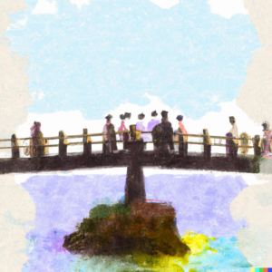 A watercolor-style image of a bridge connecting two islands, with people from different cultures and languages meeting in the middle.