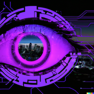 An eye made up of circuitry, watching over a cityscape, representing AI-powered surveillance