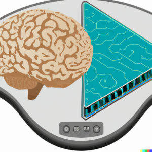 A surrealistic image of a pair of scales with a brain on one side and a computer chip on the other, with a balance beam in the middle.