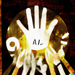 An inspiring, graffiti-style image of diverse human hands reaching out towards a shining AI symbol, representing collective action and responsibility.