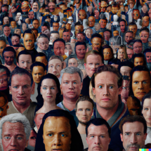 A crowd of diverse people with one face being digitally identified