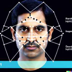 A digital diagram illustrating facial recognition process, with lines mapping a human face.