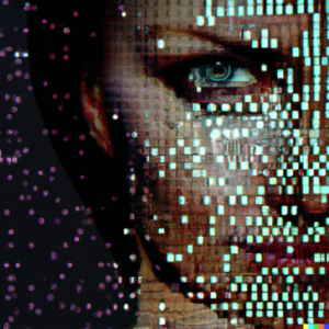 A face obscured by digital pixels, reflecting the privacy issues