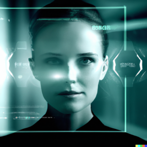 A face reflected in a futuristic interface, indicating facial recognition technology