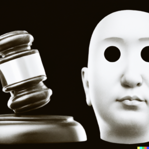A gavel and a face being scanned, symbolizing law and facial recognition