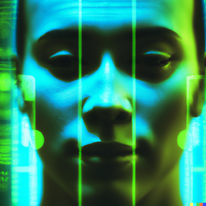 A vibrant abstract representation of a human face being scanned by technology