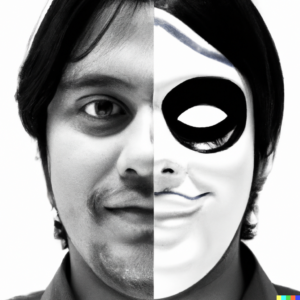 Two sides of a face, one clear and one behind a mask, representing the pros and cons