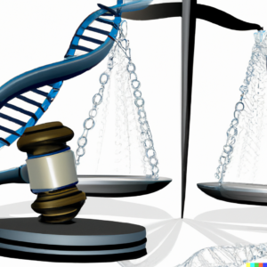 Balance scales weighing DNA helix and a gavel, Symbolic style