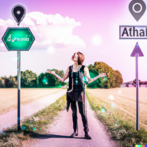 A person standing at a crossroads with signs pointing to various applications of AI