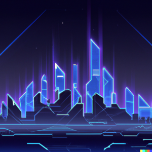futuristic city skyline with holographic designs