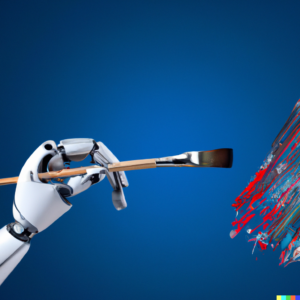 robotic hand holding a paintbrush, painting a digital canvas