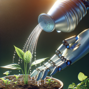 Robotic hand gently watering a plant with precise droplets