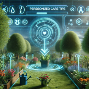 Digital interface suggesting care tips hovering above diverse plants