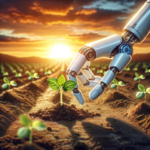 Robotic hand planting a seedling into fertile ground with a sunrise backdrop